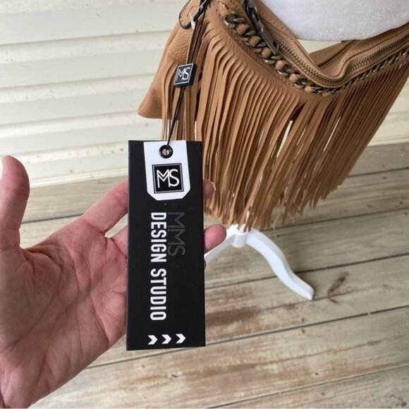 NWT NEW Brown Tan Beige Fringe Crossbody Purse Bag Chain Strap Boho Vibes - Picture 4 of 12